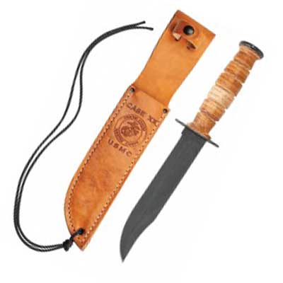 Grooved Leather USMC Knife with Leather Sheath