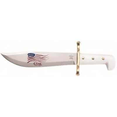 Bowie SS - White Synthetic Handle w/Blade Artwork and Leather Sheath