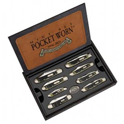 Pocket Worn 25th Anniversary Mint Set - Peach Seed Jig Olive Green Bone - Set of 8 Knives Wooden Box